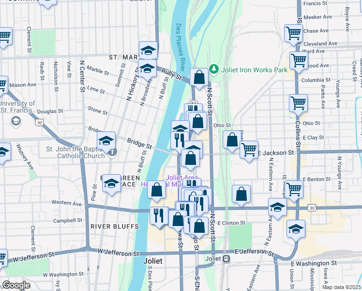 map of restaurants, bars, coffee shops, grocery stores, and more near 51 West Jackson Street in Joliet