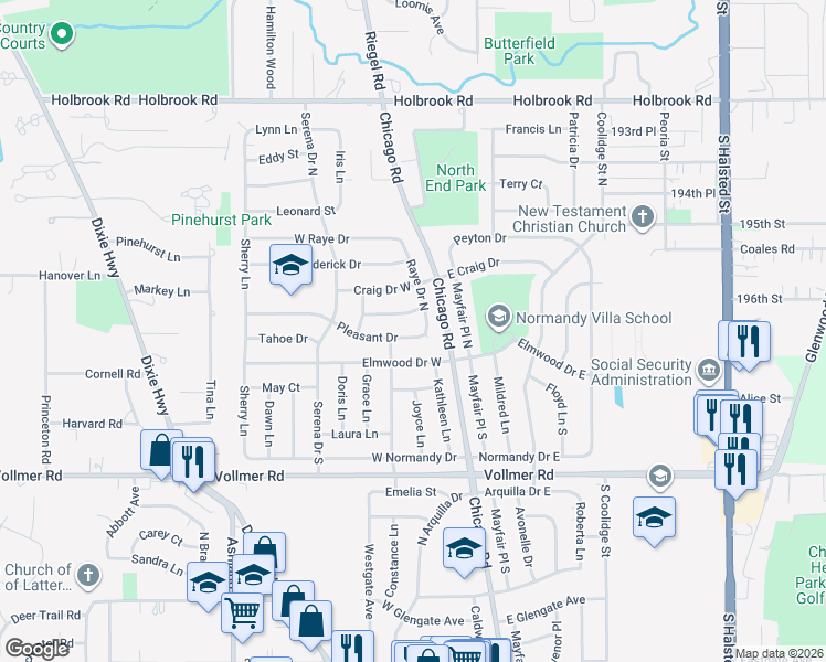 map of restaurants, bars, coffee shops, grocery stores, and more near 155 Pleasant Drive in Chicago Heights