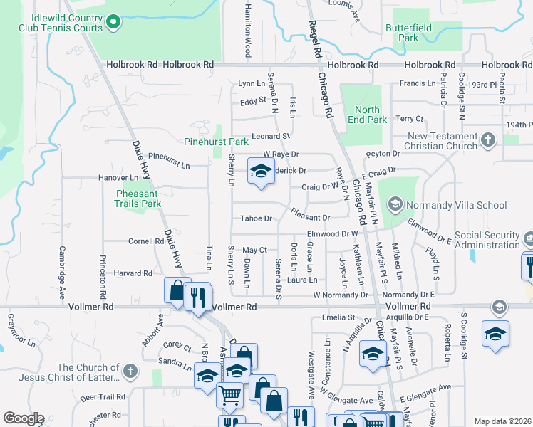 map of restaurants, bars, coffee shops, grocery stores, and more near 241 Tahoe Dr in Chicago Heights