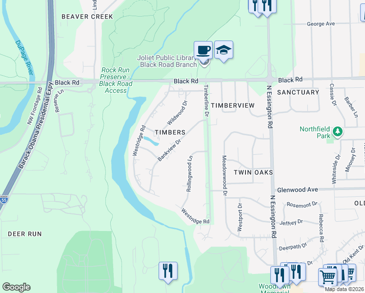 map of restaurants, bars, coffee shops, grocery stores, and more near 3510 Bankview Drive in Joliet