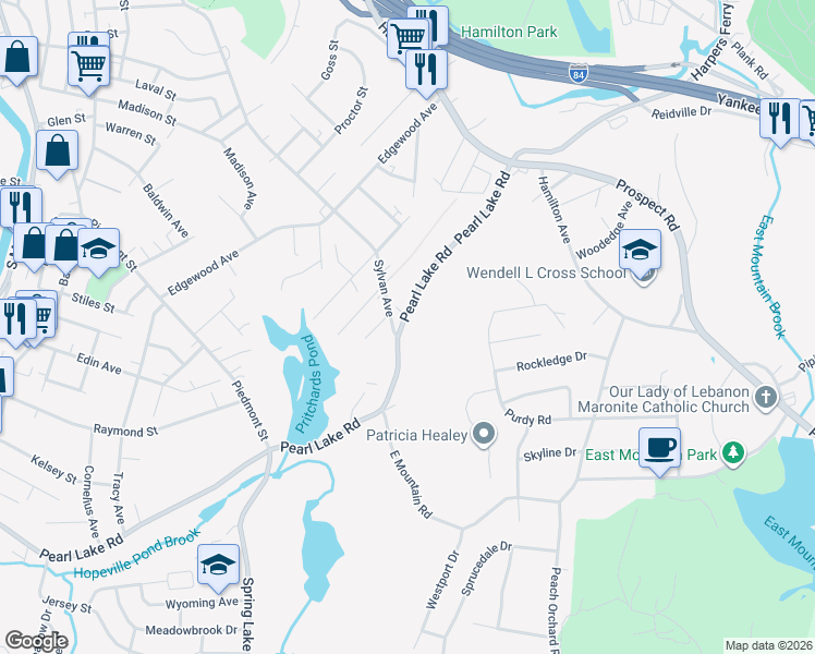 map of restaurants, bars, coffee shops, grocery stores, and more near 882 Pearl Lake Road in Waterbury