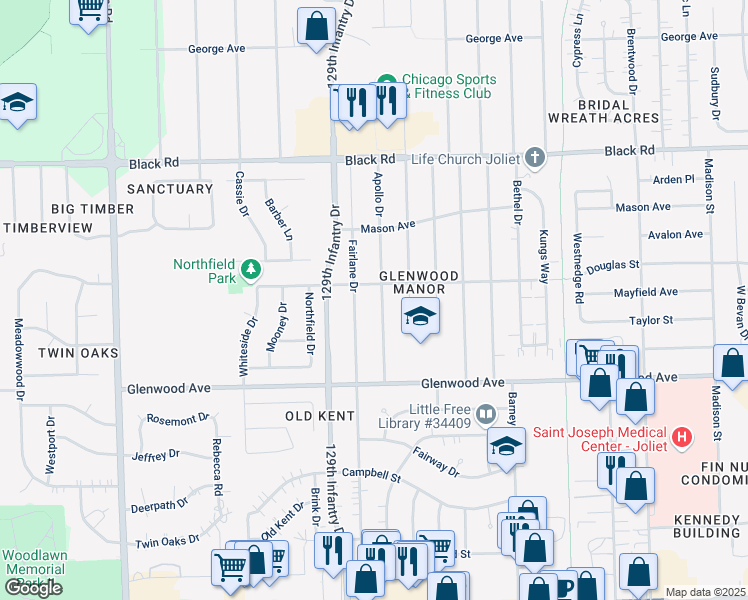 map of restaurants, bars, coffee shops, grocery stores, and more near 518 Apollo Drive in Joliet