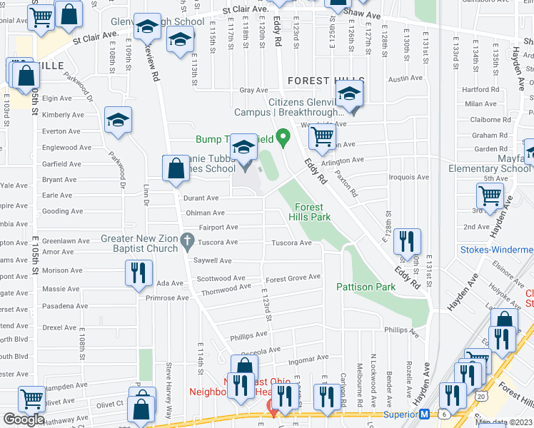 map of restaurants, bars, coffee shops, grocery stores, and more near 915 East 123rd Street in Cleveland
