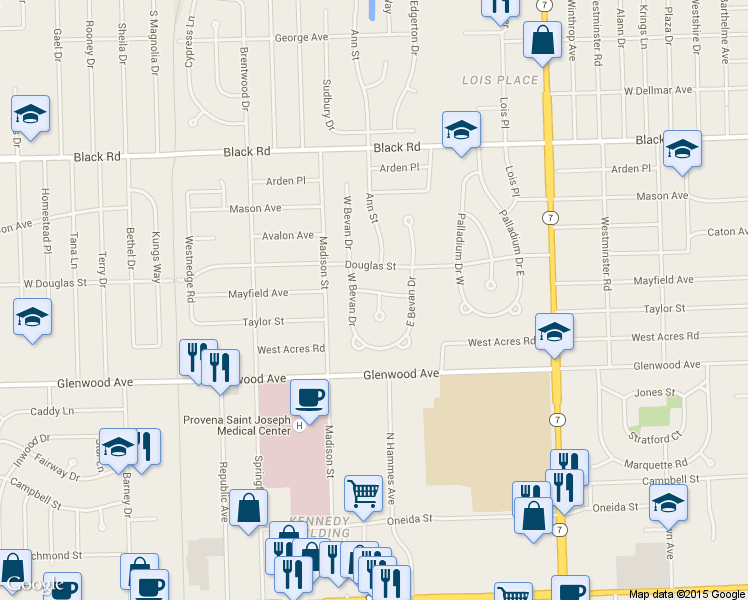 map of restaurants, bars, coffee shops, grocery stores, and more near 507 Ann Court in Joliet
