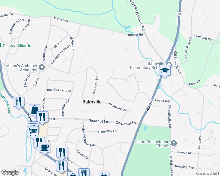 map of restaurants, bars, coffee shops, grocery stores, and more near 34 Dogwood Hills Road in Newburgh