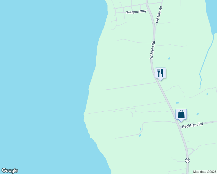 map of restaurants, bars, coffee shops, grocery stores, and more near 155 West Main Road in Little Compton