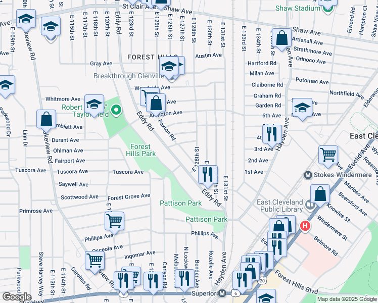 map of restaurants, bars, coffee shops, grocery stores, and more near 949 Paxton Road in Cleveland