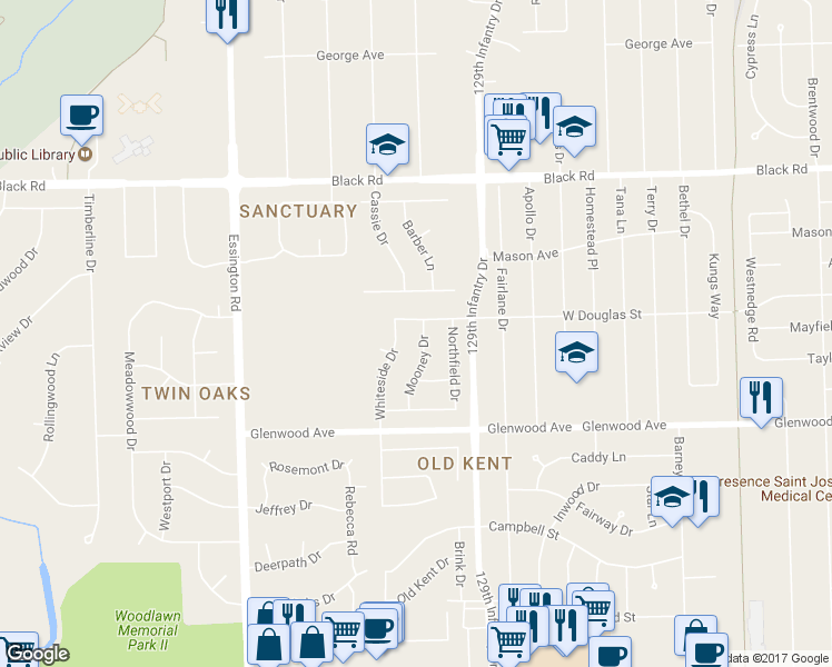 map of restaurants, bars, coffee shops, grocery stores, and more near 513 Mooney Drive in Joliet