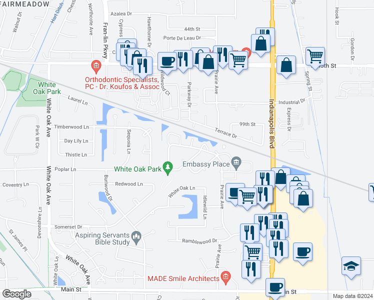map of restaurants, bars, coffee shops, grocery stores, and more near 2048 Northwood Lane in Highland