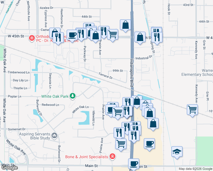 map of restaurants, bars, coffee shops, grocery stores, and more near 2217 Teakwood Circle in Highland