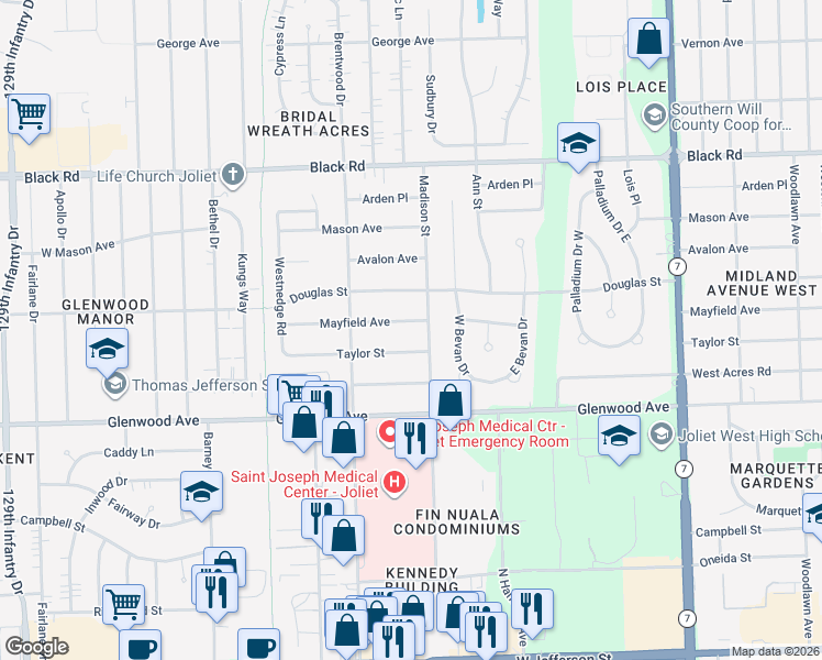 map of restaurants, bars, coffee shops, grocery stores, and more near 2204 Mayfield Avenue in Joliet