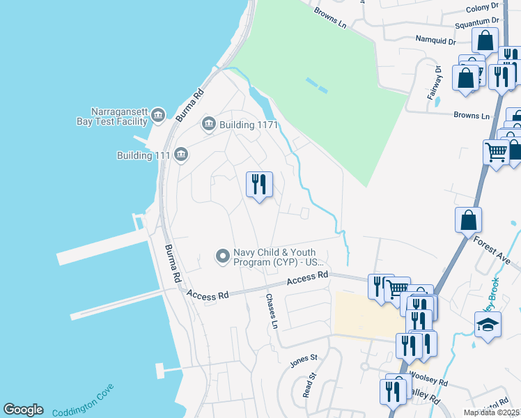 map of restaurants, bars, coffee shops, grocery stores, and more near 1176 Howell Street in Newport