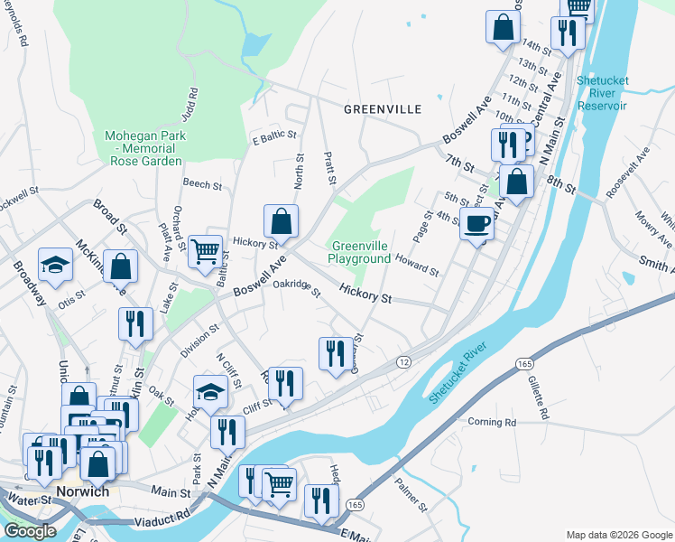 map of restaurants, bars, coffee shops, grocery stores, and more near 105 Hickory Street in Norwich