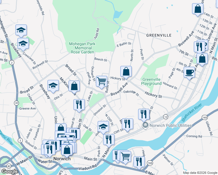 map of restaurants, bars, coffee shops, grocery stores, and more near 25 Baltic Street in Norwich