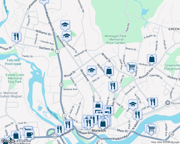 map of restaurants, bars, coffee shops, grocery stores, and more near 219 Broadway in Norwich