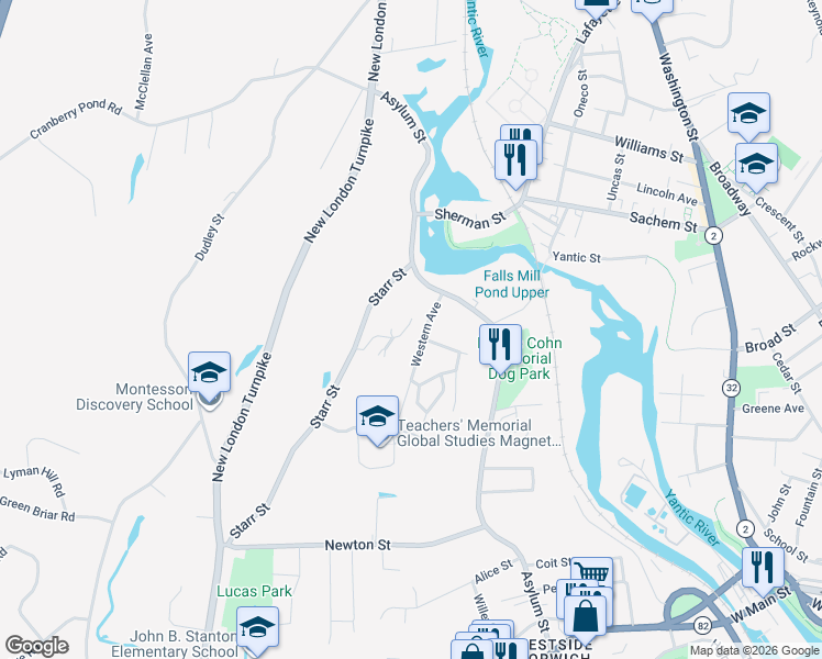 map of restaurants, bars, coffee shops, grocery stores, and more near 18 Western Avenue in Norwich