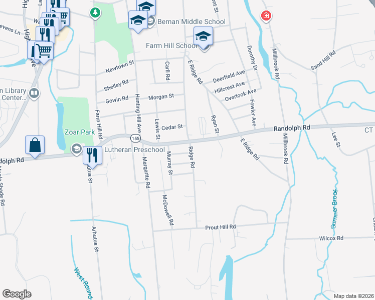map of restaurants, bars, coffee shops, grocery stores, and more near 629 Ridge Road in Middletown