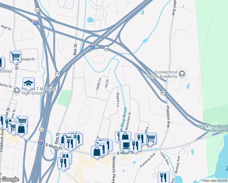 map of restaurants, bars, coffee shops, grocery stores, and more near 250 Maple Avenue in Meriden