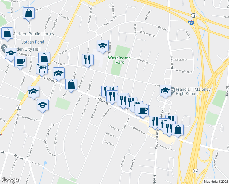 map of restaurants, bars, coffee shops, grocery stores, and more near 43 Clinton Street in Meriden