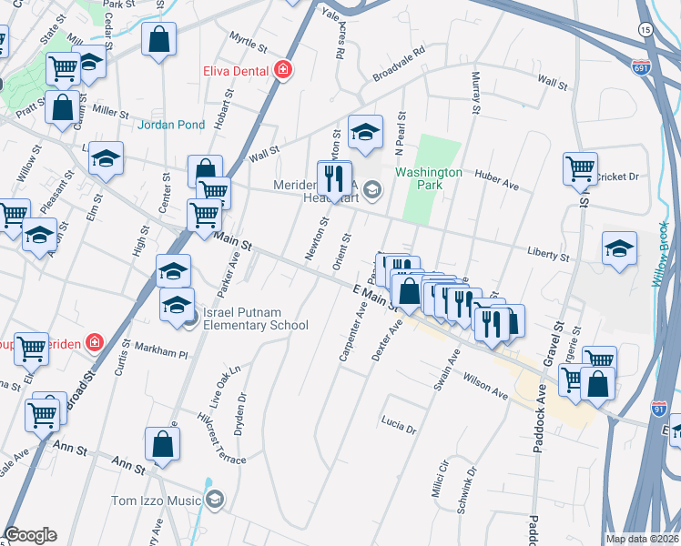 map of restaurants, bars, coffee shops, grocery stores, and more near 558 East Main Street in Meriden