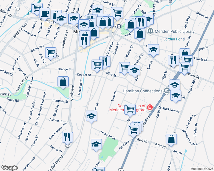 map of restaurants, bars, coffee shops, grocery stores, and more near 43 Grant Street in Meriden