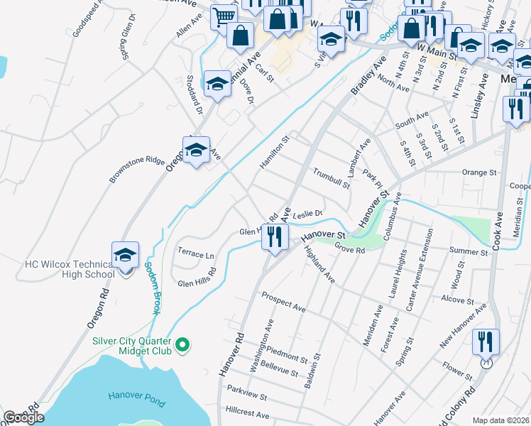 map of restaurants, bars, coffee shops, grocery stores, and more near 349 Bradley Avenue in Meriden