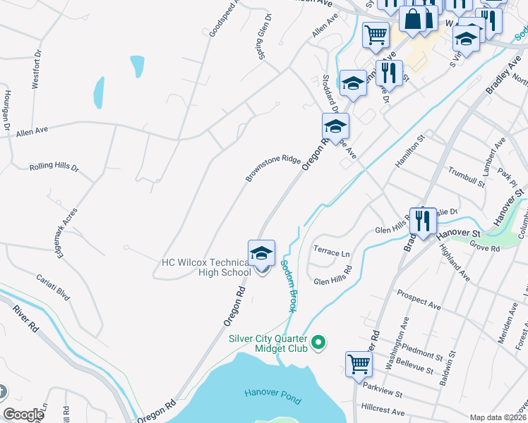 map of restaurants, bars, coffee shops, grocery stores, and more near 187 Oregon Road in Meriden