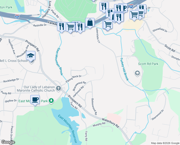 map of restaurants, bars, coffee shops, grocery stores, and more near 145 Piping Rock Drive in Waterbury