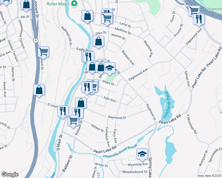 map of restaurants, bars, coffee shops, grocery stores, and more near 63 Temple Street in Waterbury