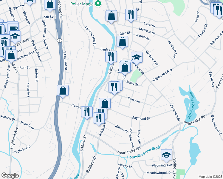 map of restaurants, bars, coffee shops, grocery stores, and more near 13 Simons Avenue in Waterbury