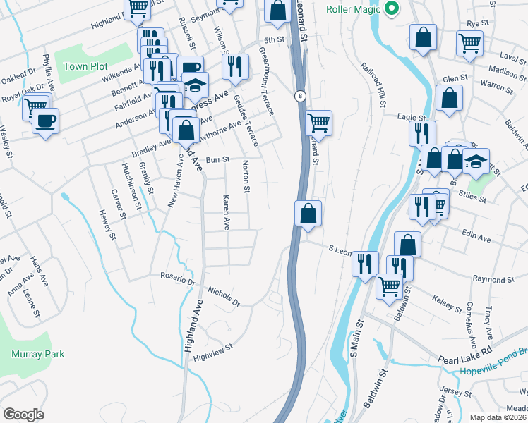 map of restaurants, bars, coffee shops, grocery stores, and more near 149 Norton Street in Waterbury