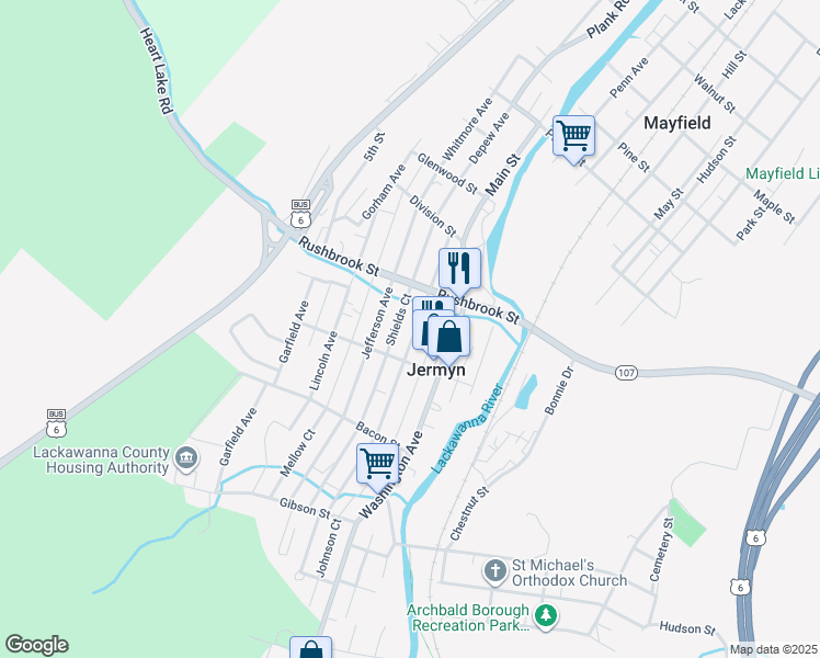 map of restaurants, bars, coffee shops, grocery stores, and more near 620 Madison Avenue in Jermyn