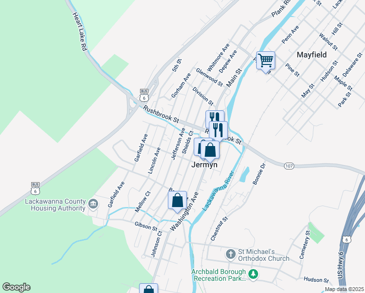 map of restaurants, bars, coffee shops, grocery stores, and more near 614 Jefferson Avenue in Jermyn
