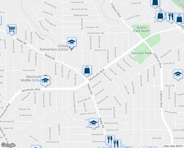 map of restaurants, bars, coffee shops, grocery stores, and more near in Cleveland Heights