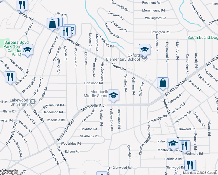 map of restaurants, bars, coffee shops, grocery stores, and more near 1045 Rushleigh Road in Cleveland Heights