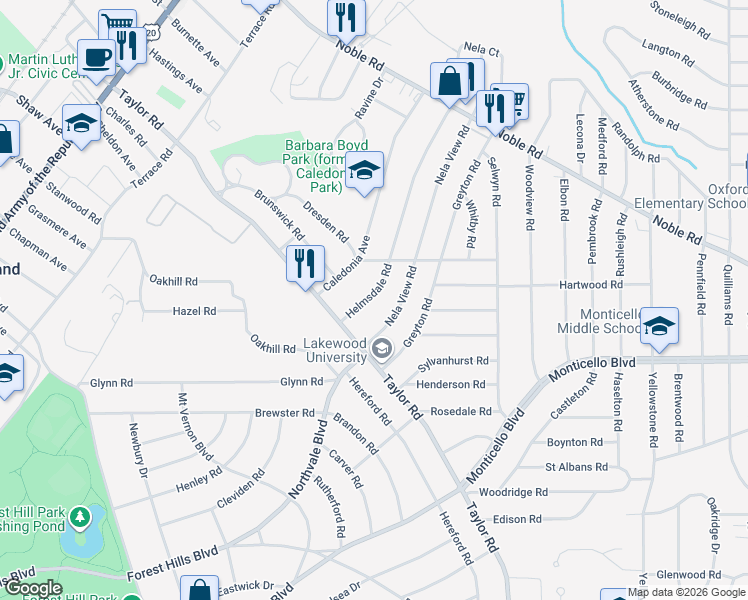 map of restaurants, bars, coffee shops, grocery stores, and more near 1038 Nela View Road in Cleveland Heights