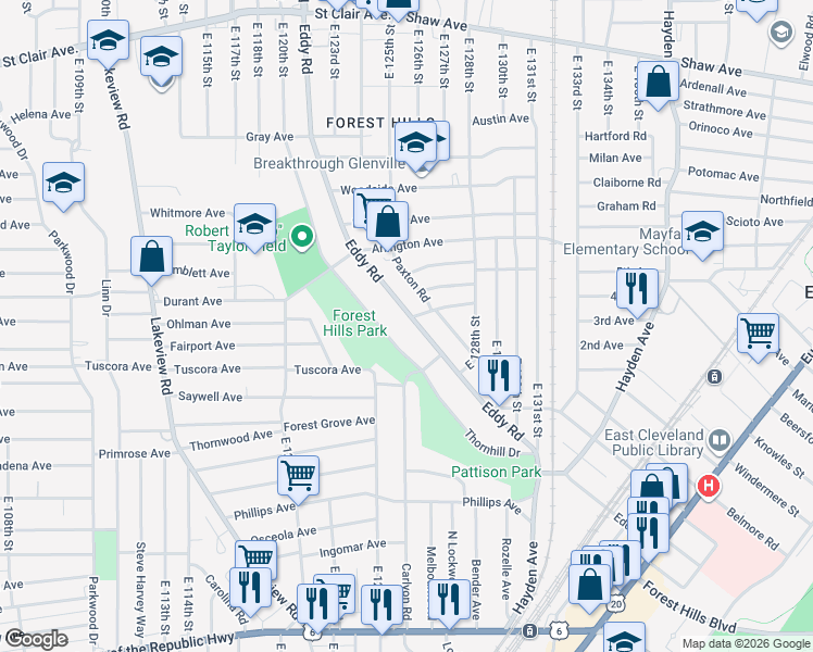 map of restaurants, bars, coffee shops, grocery stores, and more near 934 Eddy Road in Cleveland