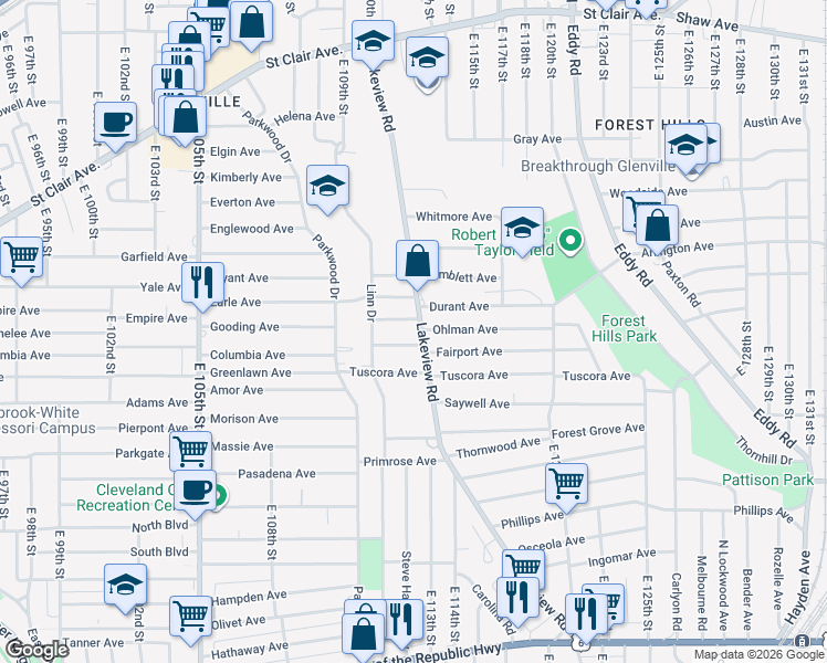 map of restaurants, bars, coffee shops, grocery stores, and more near 11213 Berkshire Avenue in Cleveland