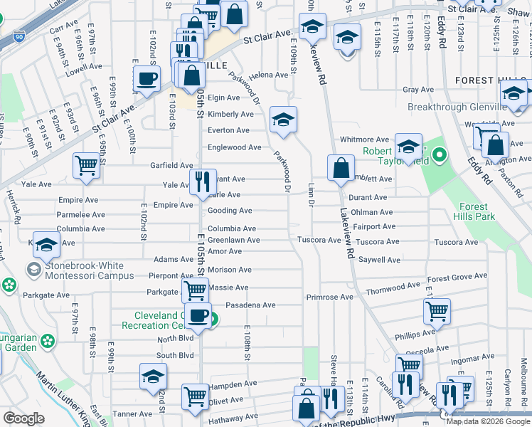map of restaurants, bars, coffee shops, grocery stores, and more near 10728 Gooding Avenue in Cleveland