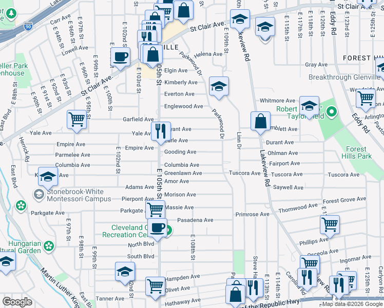 map of restaurants, bars, coffee shops, grocery stores, and more near 10620 Gooding Avenue in Cleveland