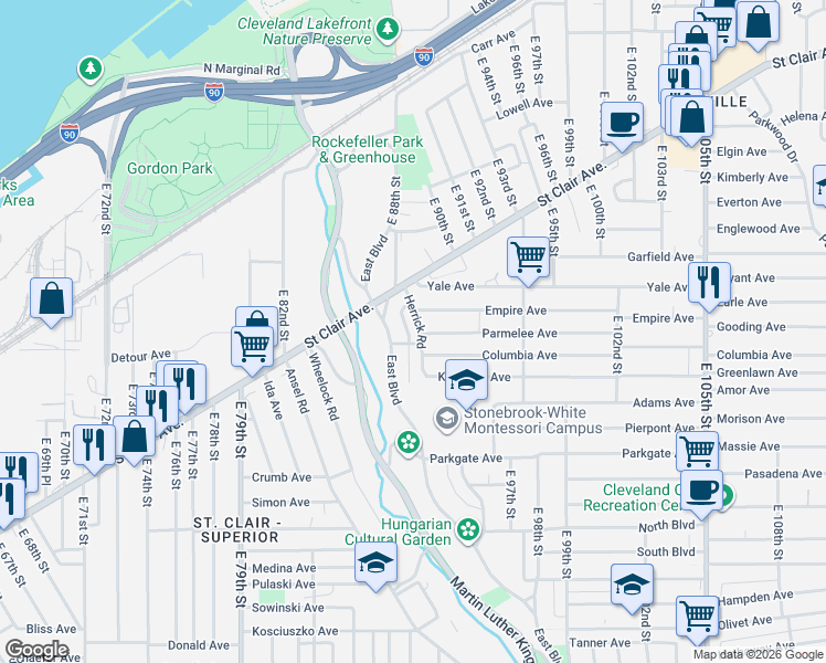 map of restaurants, bars, coffee shops, grocery stores, and more near 884 Herrick Road in Cleveland