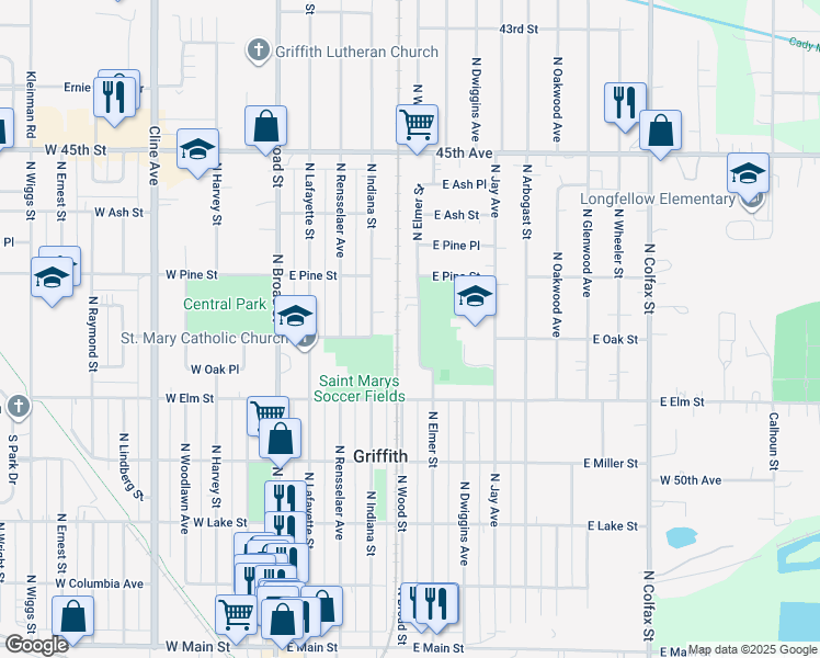 map of restaurants, bars, coffee shops, grocery stores, and more near 554 North Elmer Street in Griffith