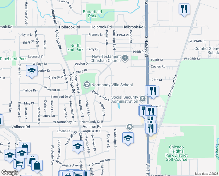 map of restaurants, bars, coffee shops, grocery stores, and more near 131 North Floyd Lane in Chicago Heights