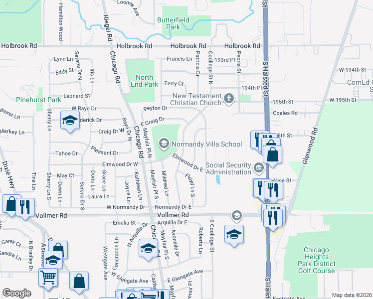 map of restaurants, bars, coffee shops, grocery stores, and more near 122 Pamela Drive North in Chicago Heights