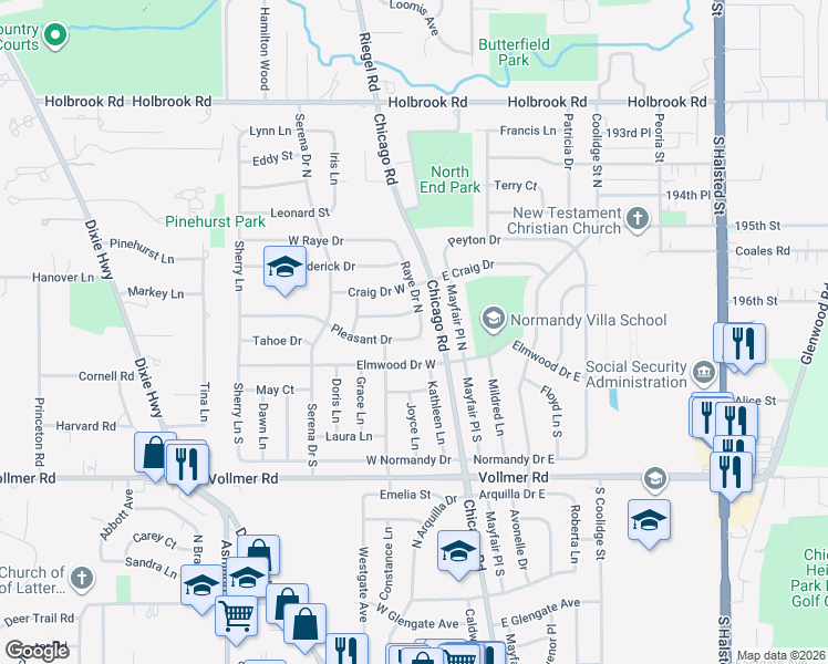 map of restaurants, bars, coffee shops, grocery stores, and more near 155 Pleasant Drive in Chicago Heights
