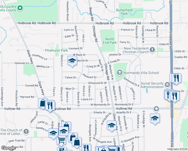 map of restaurants, bars, coffee shops, grocery stores, and more near 179 Pleasant Drive in Chicago Heights