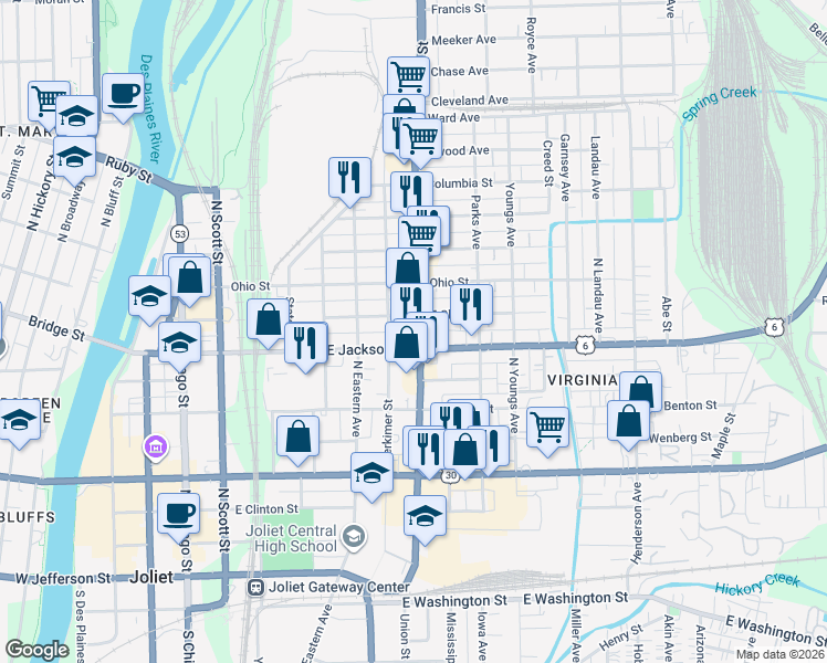 map of restaurants, bars, coffee shops, grocery stores, and more near 417 Collins Street in Joliet
