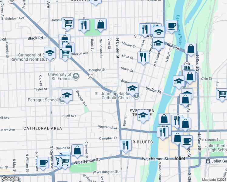 map of restaurants, bars, coffee shops, grocery stores, and more near 414 North Center Street in Joliet