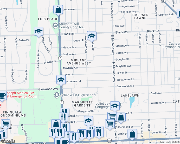 map of restaurants, bars, coffee shops, grocery stores, and more near 1601 Taylor Street in Joliet