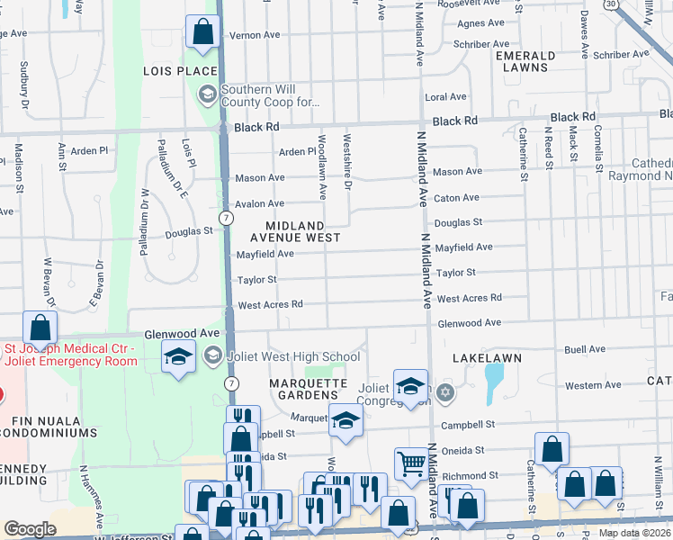 map of restaurants, bars, coffee shops, grocery stores, and more near 1601 Taylor Street in Joliet